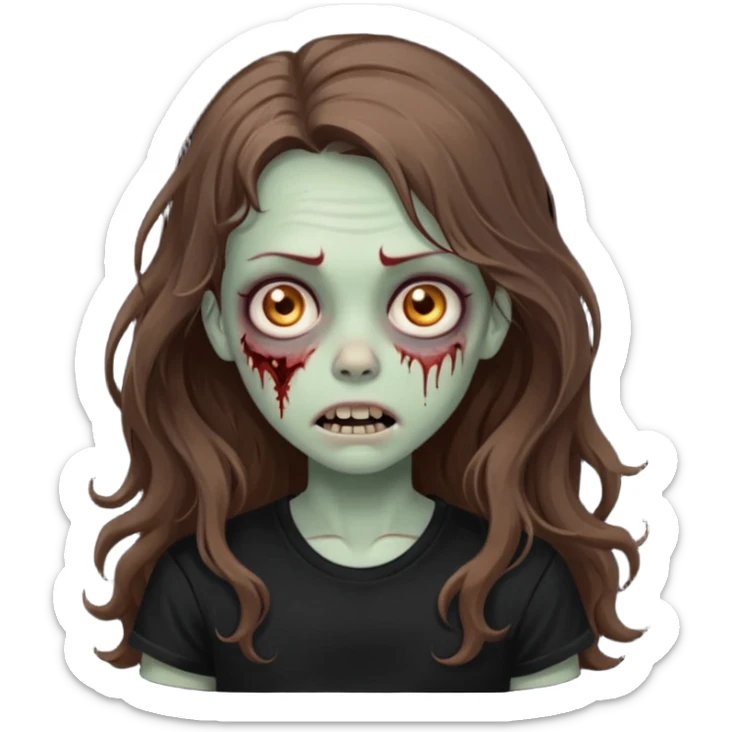 crie um emoji de uma garota zoombie cabelo castanho e longo , assustadora e fofa com cabelo ondulado 2b e camiseta básica preta sticker