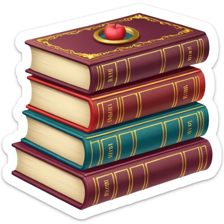 A stack of colorful spellbooks that look like they came out of a fine victorian library sticker