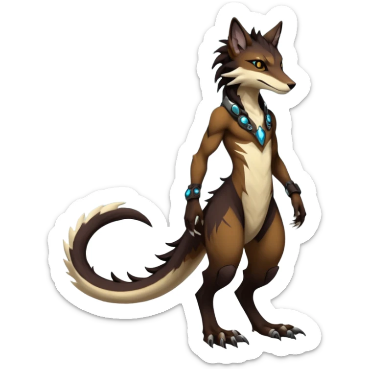 Brown and beige badass elegant wild beautiful natural badass futuristic epic exotic anthro modern furry cyborg-sergal-vernid-creature, full body, dark-brown-black-gradient pretty hair, with a long tufted tail, aesthetic, art by LiLaiRa, art by art by Falvie sticker