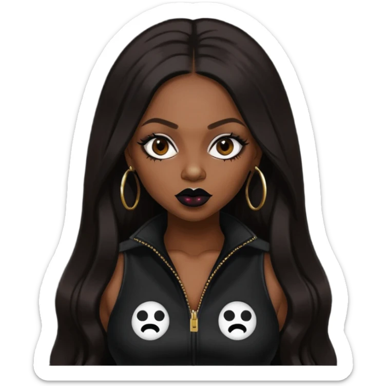 Foxy Brown, Rapper with dark brown long hair, black lip, black outfit sticker