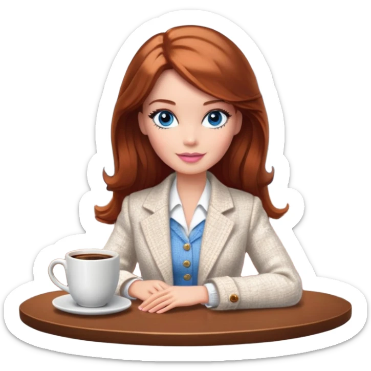 A Barbie girl with blue eyes, shoulder-length reddish-brown hair, made-up, wearing a white tweed jacket and a white skirt, is sitting at a table with a cup of coffee in her hands sticker