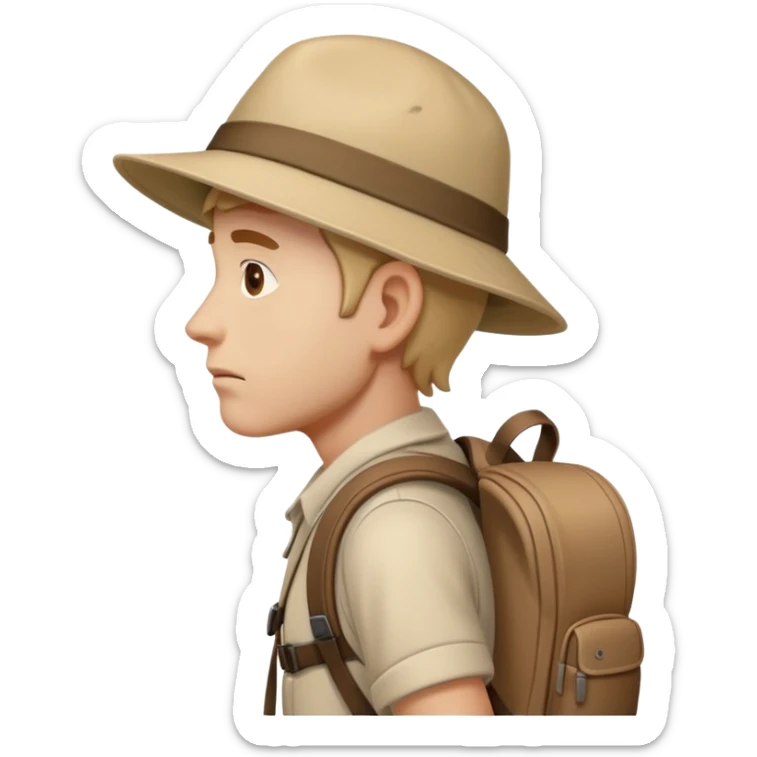 sad traveler man with beige skin tone wearing backpack and hat walking to the right, iOS style sticker