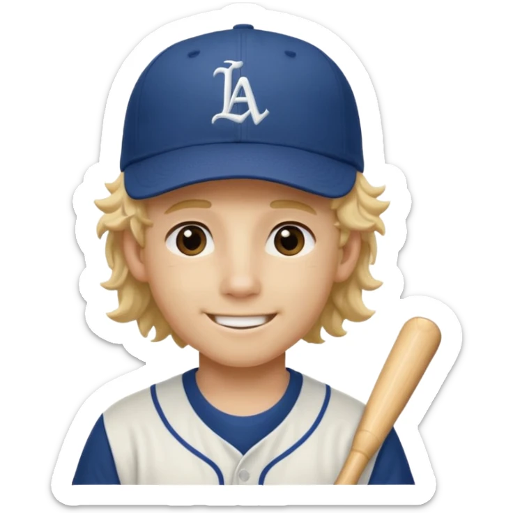 blonde boy with long curly hair past his hears and a LA baseball hat in japanese, smiling sticker