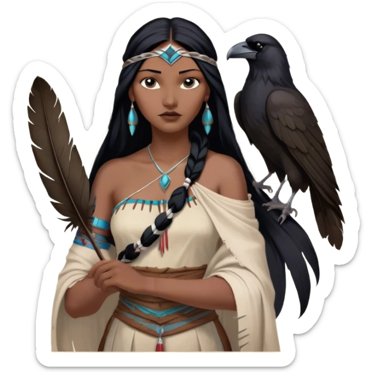Cinematic Realistic Pocahontas Portrait, depicted with lifelike skin texture, soft natural lighting, and intricately detailed long, flowing raven-black hair that moves gracefully in the wind. Her deep, soulful dark brown eyes exude wisdom and strength, complemented by a serene yet powerful expression. She is shown gently holding a feather in one hand, her other hand resting lightly at her side, embodying the harmonious balance between nature and herself. She is dressed in her classic one-shoulder native American dress, with rich fabric textures and delicate beaded details that catch the light beautifully. The portrait features a soft, sun-kissed glow with a natural, radiant finish, capturing the essence of untamed beauty and deep connection to nature in a realistic and painterly style, evoking a sense of depth and authenticity. sticker