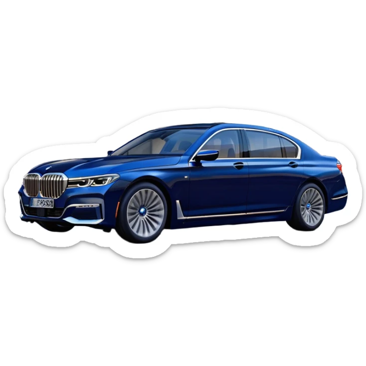 BMW 7 Series (2022) – cinematic-realistic BMW 7 Series emoji, its dark blue exterior gleaming under the city lights as it makes its way through bustling streets. The sophisticated interior whispers luxury as the vehicle drives with remarkable poise, embodying a perfect harmony between cutting-edge technology and comfort. sticker