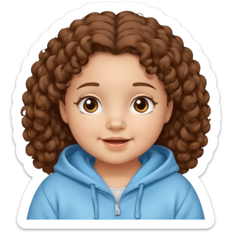 A girl with brown curly hair and chubby cheeks brown eyes and a happy face she has a baby blue hoddie sticker
