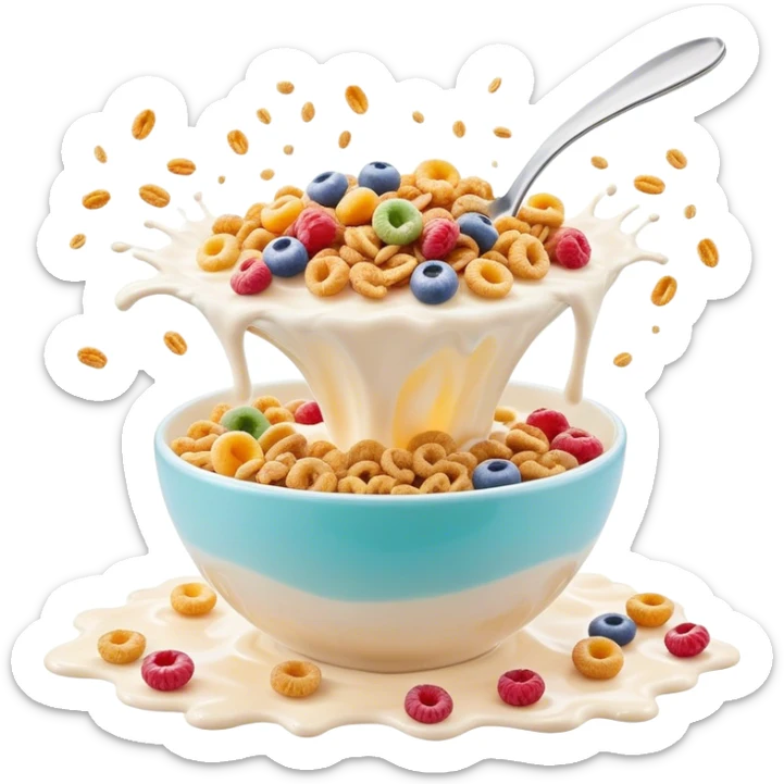 Cinematic crunchy cereal, vibrant and colorful, splashing into a bowl of cold milk, soft glowing background, dynamic movement, playful and inviting, nostalgic and fun. sticker