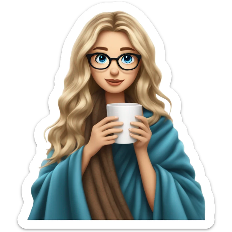 Balayage hair Girl drinking coffee, with a cozy blanket wearing glasses with blue eyes beautiful  sticker