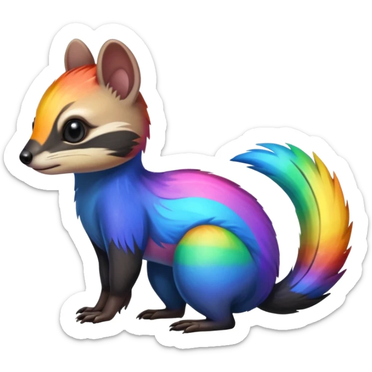 Colorful black and rainbow-iridescent Cacomistle-Numbat-Ferret-hybrid-fusion-animal-creature, full body  sticker