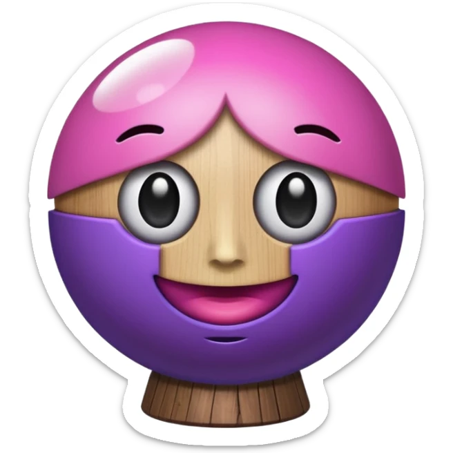 A half pink half purple ball with a face wooden stem followed by a glass stem on top sticker