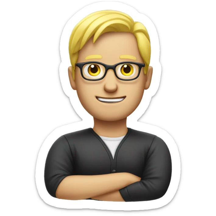  a man with blonde (yellow) hair and reading glasses. His arms are crossed in front of him, making the 'prohibited' gesture sticker