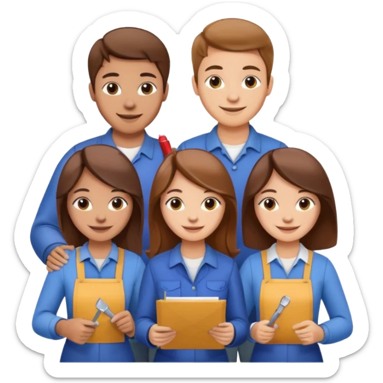 Make a photo of 5 project managers!, specifically 3 girls! with brown hair and 2 boys!, that are making project for improvement of the winery! sticker