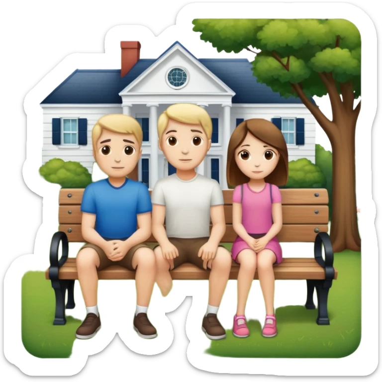 A man and a girl sitting on a bench in front of a house sticker