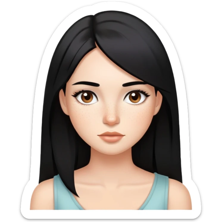 woman with silky straight black hair, subtle makeup, and cute freckles sticker