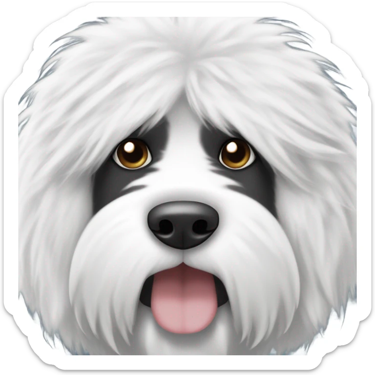 Fluffy Old English sheepdog face with the left half of his face black and the rigbt half of his face white. White around the mouth and nose sticker