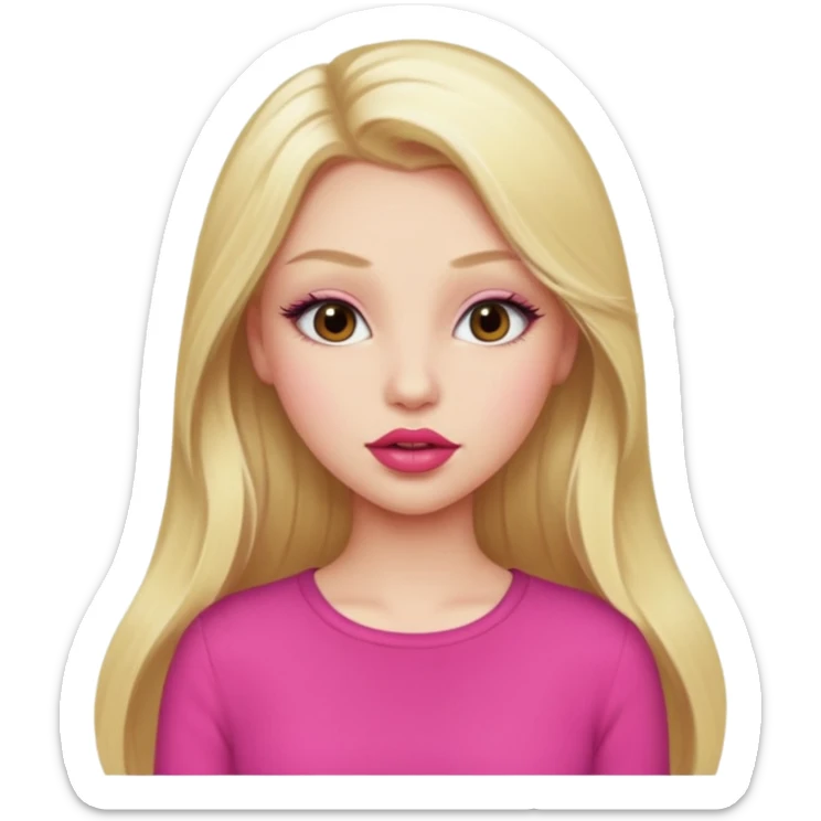 a girl with long eyelashes a pink outfit, long blonde hair, and big lips with red lipstick sticker