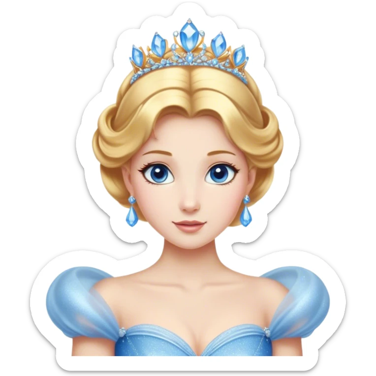 Cinematic Stunning Cinderella Portrait Emoji, Radiant in her sparkling blue ball gown, golden hair in a perfect updo, soft blue eyes full of wonder, glistening tiara, glowing with an ethereal beauty, regal yet kind, a dreamlike aura surrounds her, capturing the essence of a fairy tale princess, elegant and breathtaking! sticker