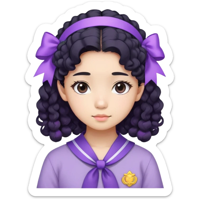 thai 15 years old girl not light skin with curly hair and she's introvert wearing thai student outfit she has black hair and tie her hair with pastel purple ribbon  sticker