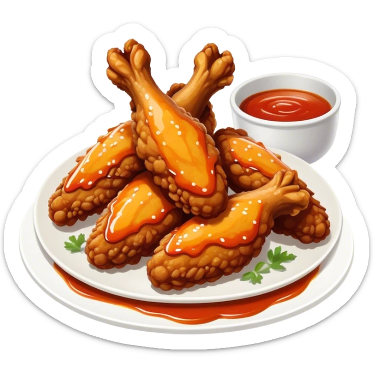 Cinematic crispy chicken wings, golden-brown and glazed with spicy sauce, crunchy coating, juicy inside, piled high with dipping sauce on the side, ultra-realistic and mouthwatering, inviting and bold. sticker