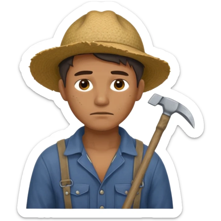 Emoji portrait of a male agricultural slave. He has a tired expression and wears rough clothes, holding a hoe over his shoulder. sticker