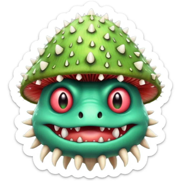 poisonous mushroom monster portrait, head and shoulders only, animal-like creature, mushroom cap head with spikes, toxic green glow, beast-like eyes, furry neck details, monstrous but cute fantasy vibe, 3D cartoon, mobile game icon style, clean background, no text, no watermark

 sticker