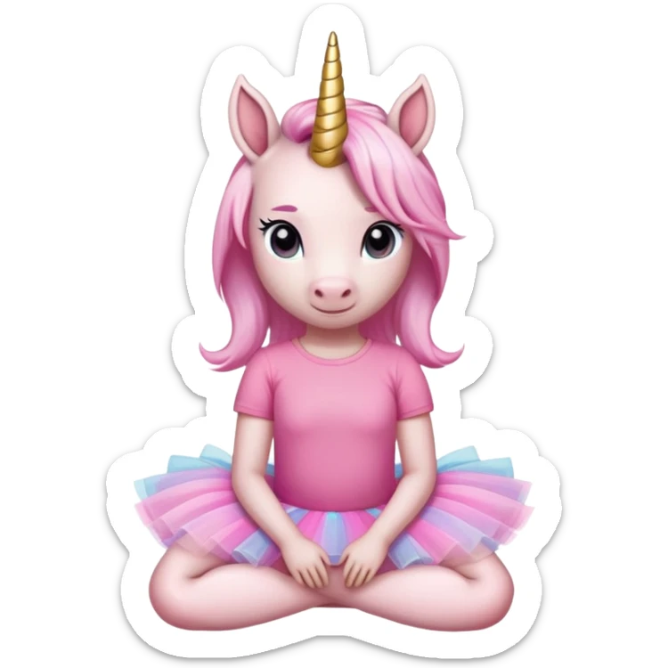 head and shoulders portrait of an anthropomorphised female unicorn in tutu and pink t-shirt, relaxed pose sticker