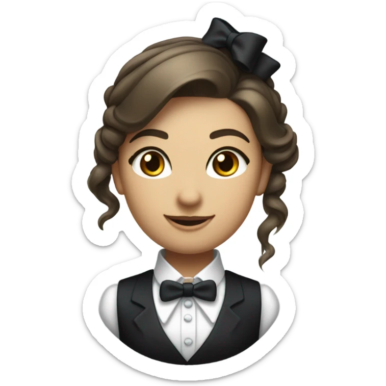 a female butler with a professional and elegant demeanor. She has her hair neatly tied in a ponytail and wears a classic butler uniform, including a tailored vest, crisp white shirt, and bow tie. sticker