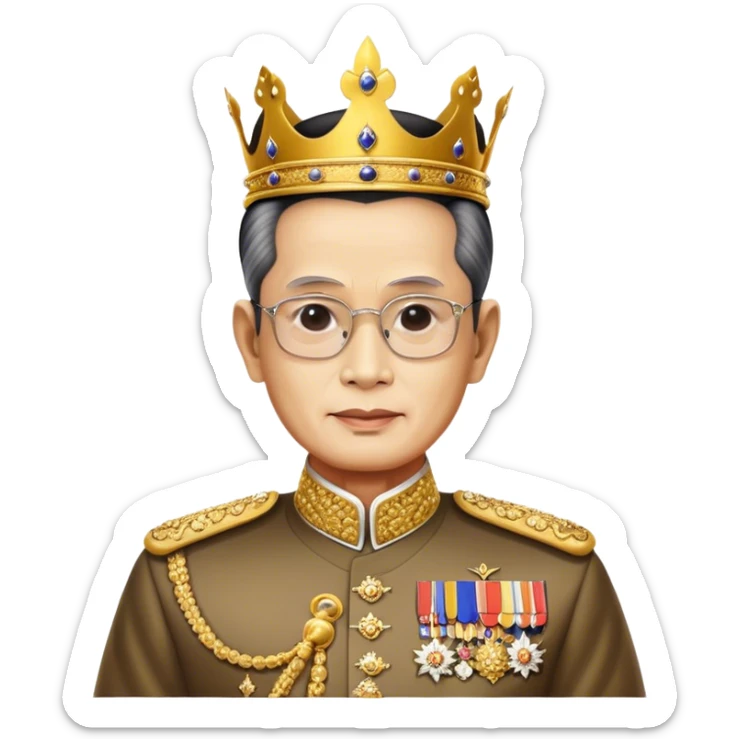 Cinematic Realistic King Bhumibol Adulyadej Portrait Emoji, depicted as a revered Thai monarch with a dignified expression and traditional royal attire, rendered with lifelike textures and soft regal lighting that captures his lasting legacy. sticker