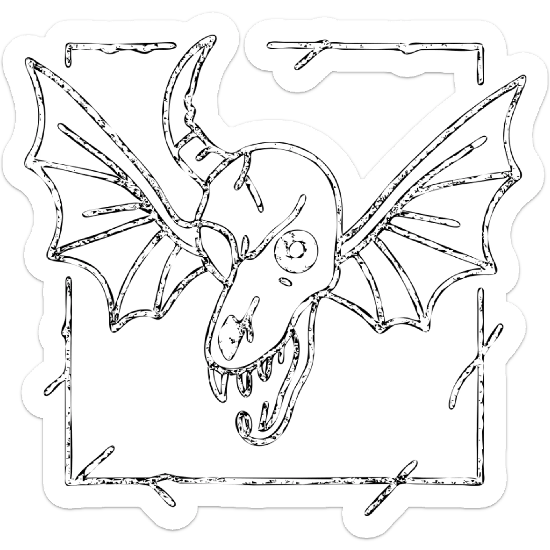 deeply disturbing minimal red horror line art of grotesque minotaur-stoat hybrid skull with aggressively fractured horn and demonic eye, unnatural twisted moth wings, mostly empty middle with nightmarish thin outline frame, intensely unsettling with sparse but horrifying details, frame jagged and broken in threatening manner, pure horror, 100% red sticker