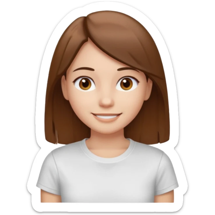 Chica de pelo liso y marrón con ojos color marrón claro y una camiseta blanca y la piel blanca sticker