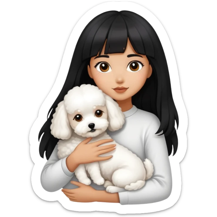 A beautiful girl with long black hair and bangs hugs a super small Bichon Frise dog sticker