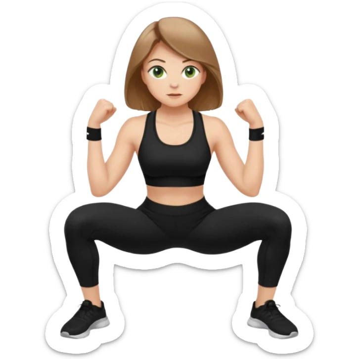 Beautiful woman with light brown shoulder length hair popping a squat without any weights. Make her with a little lighter, brown hair and green eyes. Make her fair skinned and wearing a black workout suit. sticker