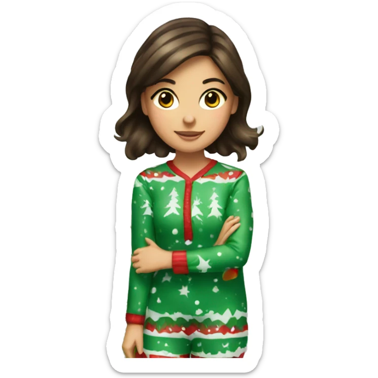 brunette girl wearing christmas pajamas decorating a christmas tree sticker