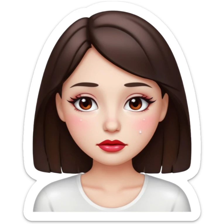 “Emoji brunette girl white top, dewy skin, heavy blush across cheeks and nose bridge, glossy cherry lips, soft eyeliner, teary sparkling eyes like hanni from new jeans sticker