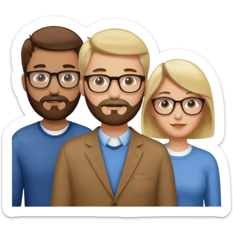 Four people including a man with hair and glasses, a man with a beard and no glasses, a woman with long brown hair and no glasses and a woman with a blonde bob and no glasses sticker