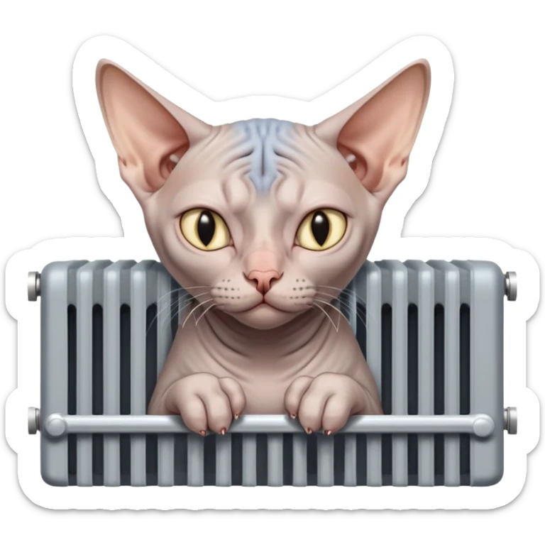 A gray bald cat of the Don Sphynx breed warms himself in a radiator and sighs with a tired look sticker