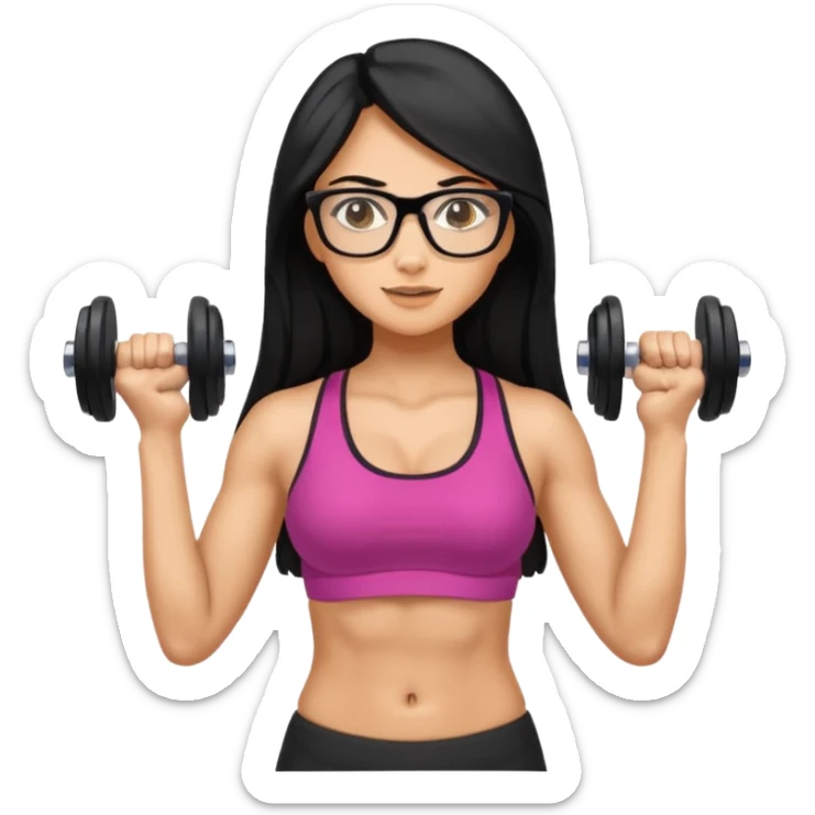 Mujer fitness usando mancuernas con lentes y cabello largo negro sticker