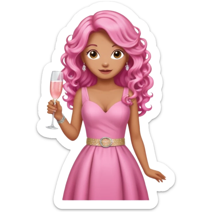 One lady with long pink curled hair and tan skin wearing a pink dress with sparkly belt holding a glass of pink champagne in each hand sticker