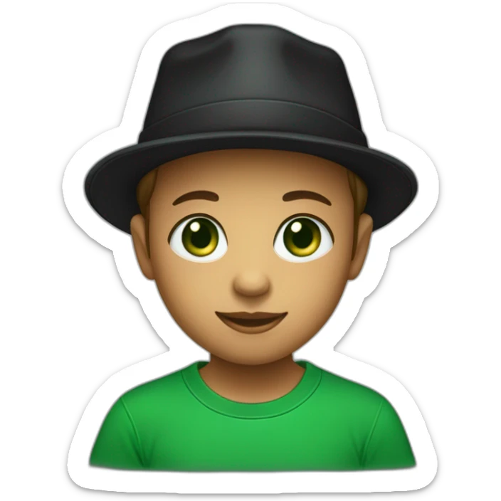 A child with green eyes, wearing a black hat and a green T-shirt with a black letter “G” on T.Shirt sticker