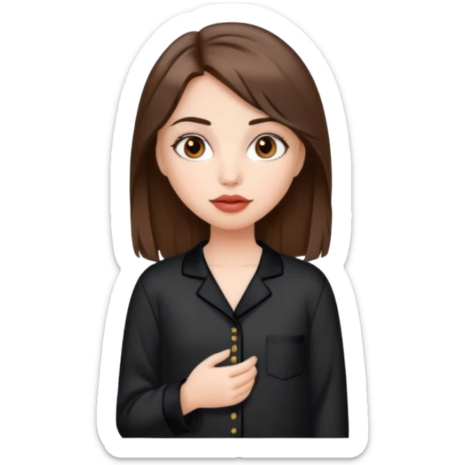 Apple emoji girl, Medium-length brown hair, brown eyes, big lips, in black pajamas sticker