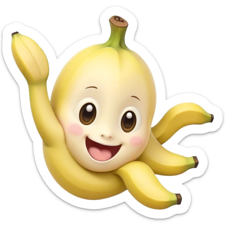 Cute Kawaii Banana, slightly curved, soft pastel yellow, cute giggling face with big round eyes, tiny arms waving happily, a peeled section revealing a smiling expression! sticker