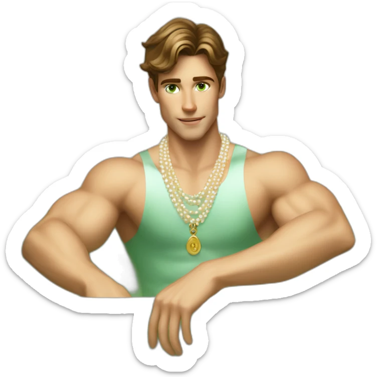 Posh-muscle-boy-brown-hair-green-eyes-pearl-necklace-in-golden-bathtub sticker