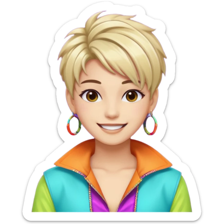 A stylish young idol in colorful stage outfit, trendy hairstyle with dyed highlights sticker