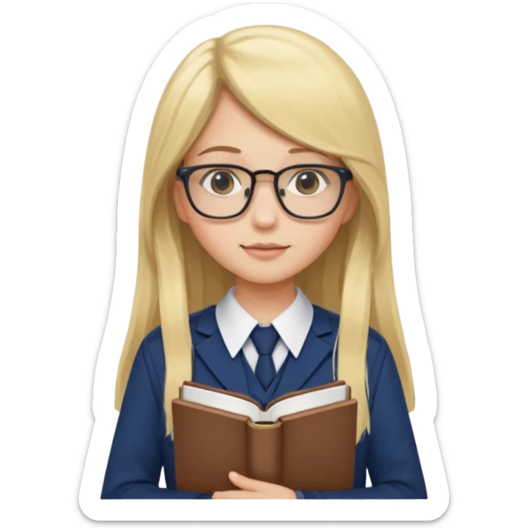 Girl student wearing uniform, glasses, hold book in front of their chest, blonde long straight hair, white skin sticker
