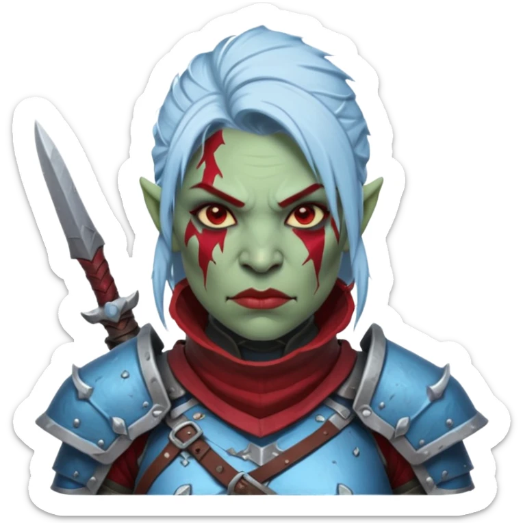 Fantasy Christmas orc legion soldier icon, iron tundra army theme, heavy winter armor, disciplined brutal look, cold steel armor cracked with frozen crimson lines, bloodfrost effect, icy blue and dark red color palette, minimal clean emoji style, female variant sticker