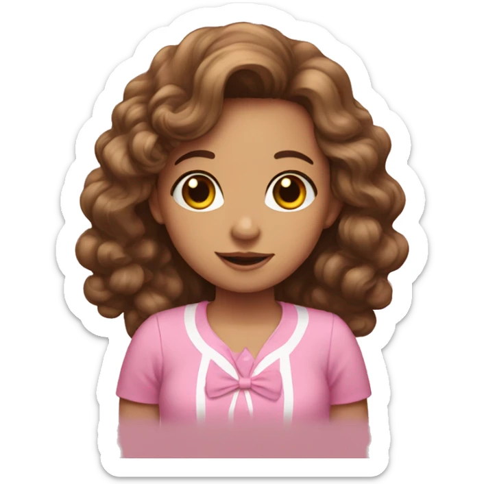 A girl with long curly brown hair and pink shirt with a bow sticker