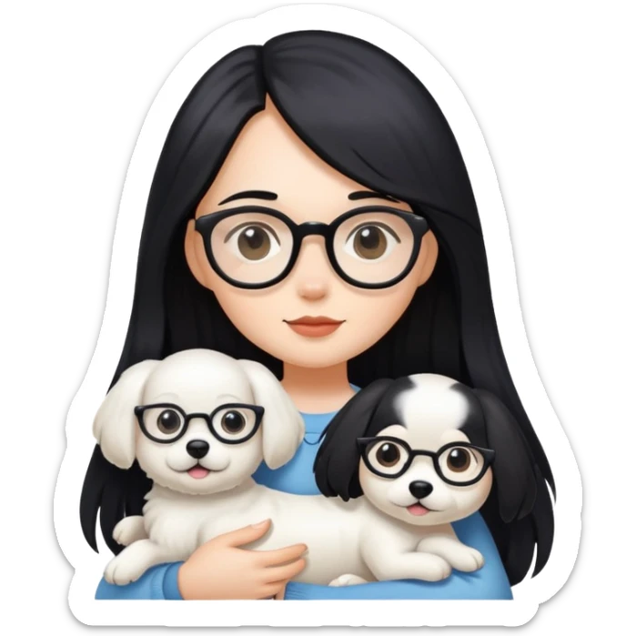 A girl with long black hair and glasses holding a white dog sticker