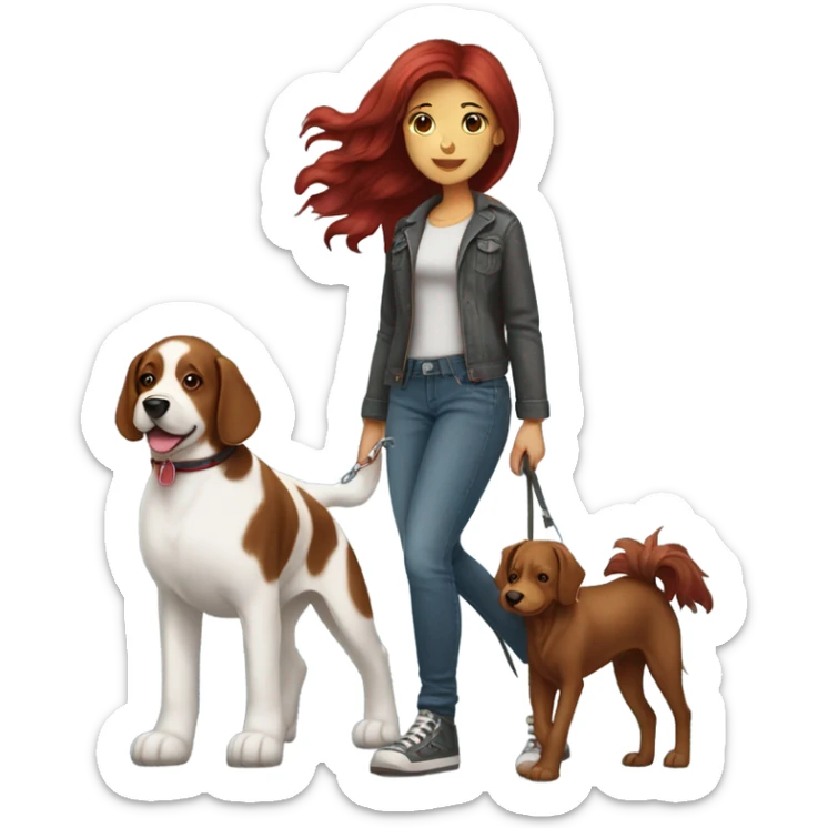 Dark red hair girl wearing  jeans  walking  large breed  dog  sticker