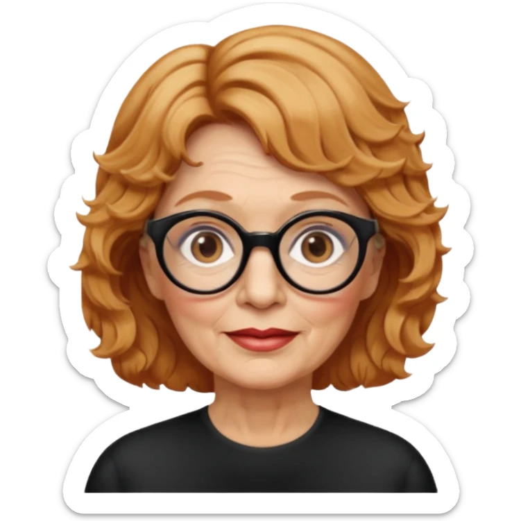 woman 70 years old, very short strawberry blonde weavy hair, brown eyes and round dark glasses sticker