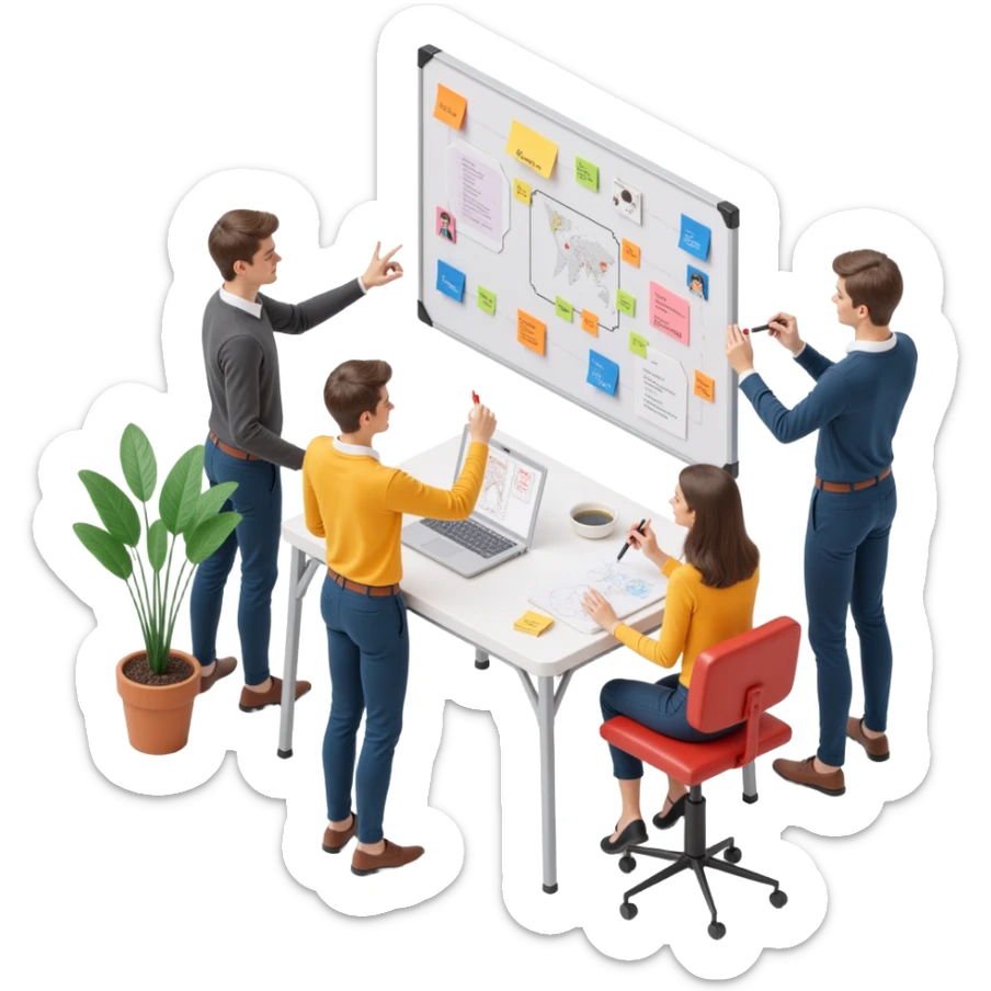 a diverse team sketching ideas on a whiteboard full of sticky notes, skeuomorphism style sticker